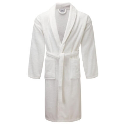 White cotton hotel bath robe hanging in luxury bathroom – INEQUIP